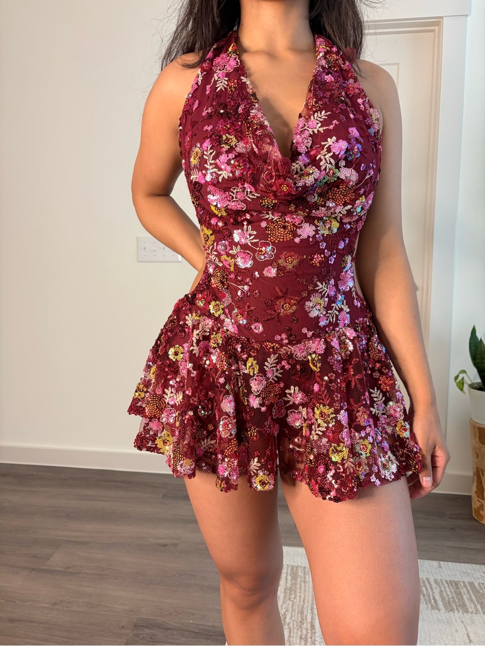 Burgundy Floral Halter Mini Dress